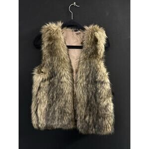 H&M Women's Sleeveless Vest Divided Faux Fur Size 4 Brown Open Front Lined Wolf